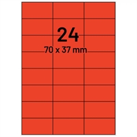Selvklæbende farvede etiketter 70x37 mm, rød, A4 ark - 24 pr. ark - 100 ark